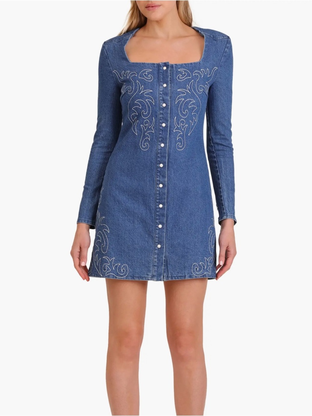 Avec Les Filles Western Embroidery Long Sleeve Denim Minidress cowgirl women 12 - Picture 15 of 15